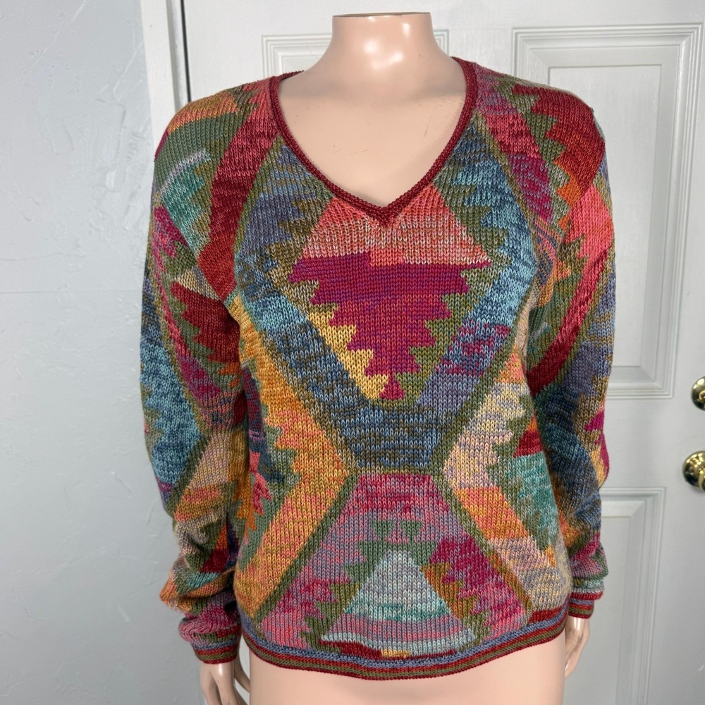 Peruvian Connection Floral Women's Sweater Small Pima Cotton V-neck Geometric D3